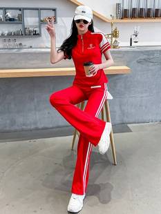 红色运动套装女夏季2023年薄款时尚修身polo衫休闲服两件套装