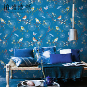 美式田园花鸟无纺布碎花壁纸浅蓝色复古中式客厅卧室背景墙纸深蓝