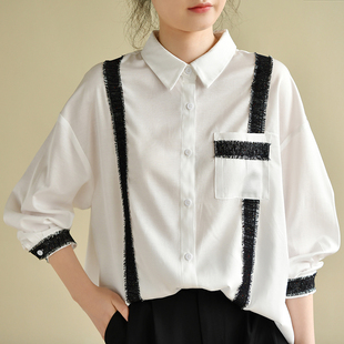 天然出品休闲文艺黑色，织带拼接纯白色衬衫春季外套ca2005