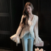 fairyjiang春季荷叶边v领白色，衬衫女设计感雪纺，衫蕾丝喇叭袖上衣