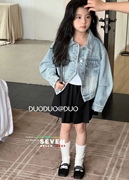 波拉韩国童装2023春儿童，潮范中大童韩版前门襟，不规则牛仔外套亲子