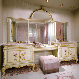 别墅法式实木雕花，彩绘浴室柜卫浴，高端欧式大理石台面落地式双盆柜