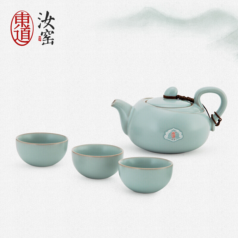 东道 汝窑茶具送礼套装整套茶具汝瓷茶具开片可养金线 一壶三杯|msdalam kategori pinggan mangkuk, set teh, Kung Fu teh - dari Buy2taobao.com untuk memberikan perkhidmatan ejen Taobao profesional membeli