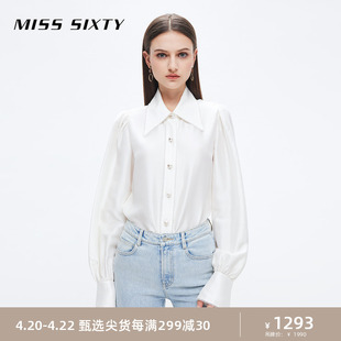 Miss Sixty2023秋季衬衫女桑蚕丝翻领钉珠复古灯笼袖通勤杏色