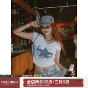 BeerBro 美式辣妹V领星星短袖T恤女夏季设计感捏褶短款正肩上衣潮