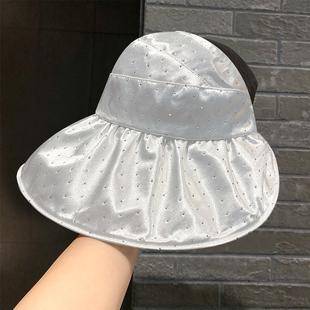 白色遮阳帽子女夏季小众设计款时尚烫钻空顶帽大檐防晒遮脸太阳帽