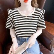 纯棉女装夏装条纹短袖T恤女2024年韩版体恤宽松时尚显瘦上衣