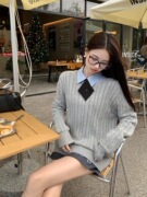 灰色长袖V领麻花毛衣套装女冬季针织衫内搭衬衫学院风两件套