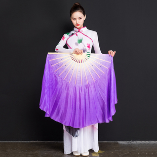 古典真丝舞蹈扇子广场加长渐变色双面胶州秧歌紫色中国风跳舞扇子