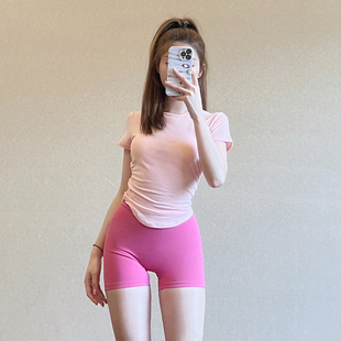 健身短袖女t恤跑步运动芭比粉色瑜伽服上衣套装遮肉训练罩衫夏