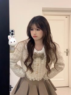 韩系可爱少女甜美减龄小香风外套娃娃领衬衣，高腰蓬蓬短裙三件套装