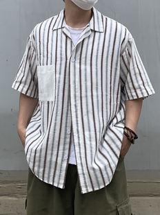 daily1复古条纹拼布衬衫，日系vintage感粗纹宽松透气短袖衬衣夏季