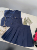 韩版宝蓝色无袖单排扣上衣百褶短裙套装时尚休闲洋气H$28
