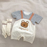 男宝宝衣服夏可爱韩版小熊爬服满月百日送人假两件婴儿连体衣薄款