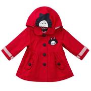 幼小童韩版童装儿童单排扣外套，女童红色加里子长袖风衣中长款风衣