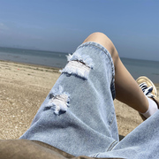 五六分破洞牛仔短裤男夏季美式西海岸裤子潮牌沙滩裤工装直筒中裤