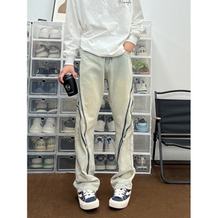 布老哥(布老哥)blog复古拉链，设计感宽松休闲阔腿牛仔裤男直筒长裤子k396