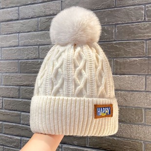 加绒毛线帽冬季加厚保暖东北针织帽女大头围护耳毛球帽子白色球帽