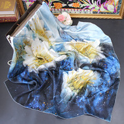 白莲花110花朵蓝色桑蚕丝，真丝丝巾手卷边素绉缎，大方巾披肩围巾夏