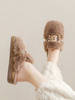 秋冬季坡跟毛绒棉拖鞋女法式优雅厚底防滑保暖时尚甜美居家鞋外穿