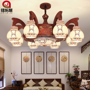 中式客厅吊灯中国风实木陶瓷，餐厅茶室灯别墅，复式楼仿古典卧室灯具