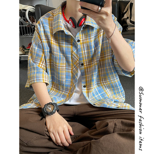 vintage黄蓝色格子衬衫男女夏季短袖内搭格纹衬衣情侣装防晒外套