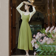 绿色吊带连衣裙针织开衫外套，两件套装裙子复古女春夏季