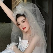 2023超仙花朵头饰韩式新娘头纱结婚发饰婚纱礼服旅拍配饰大气