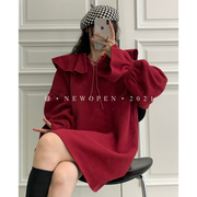 韩国东大门22aw酒红色荷叶，领连衣裙女加绒喇叭，袖宽松慵懒卫衣裙