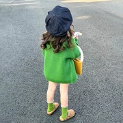 韩国童装2024春秋女童针织衫，女宝宝绿色，毛衣外套儿童宽松外搭开衫