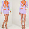 2022年秋季浅紫色性感V领镂空长袖西装外套晚装名缓洋气礼服