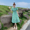 连衣裙女夏2023女装高级法式气质显瘦泡泡袖绿色波点雪纺裙子