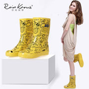 好雨时节舒适橡胶女式印花时尚中筒雨鞋女士M雨靴卡通手绘街头风