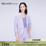 粉蓝衣橱精致通勤透气肌理，棉麻西装女2023秋装，七分袖直筒外套