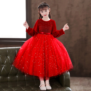 女童连衣裙秋冬丝绒洋气钢琴演奏礼服高端圣诞纱裙大童红色公主裙