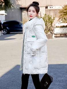 白色羽绒棉服女中长款立领，2022冬装高级感加厚保暖棉衣外套潮