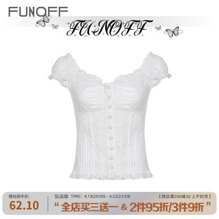 funoff法式复古蕾丝提花褶皱，排扣短袖宫廷修身显瘦低领泡泡袖上衣