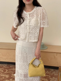 韩国chic夏季新中式国风盘扣蕾丝衬衫+高腰开叉半身裙两件套女