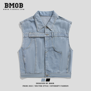 BMOB美式复古短款垫肩牛仔马甲男士夏季潮牌高街宽松休闲无袖外套