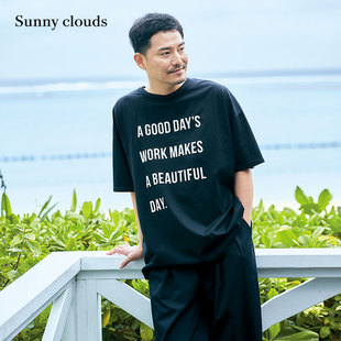 桑妮库拉sunnyclouds男式纯棉落肩英文印字黑色t恤