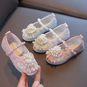 儿童汉服鞋子女童绣花鞋珍珠串中国风古装宝宝单鞋演出鞋一带布鞋