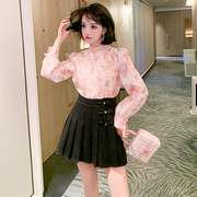 MIUCO粉色碎花旗袍立领斜襟盘扣中式衬衫+百褶半裙套装女装
