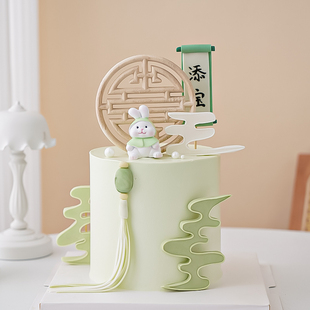 周岁满月宝宝生日蛋糕装饰摆件，新中式古风雕花木质，烘焙插件插牌
