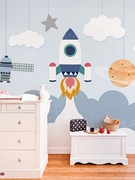 环保卡通太空火箭墙纸，男孩女孩儿童房墙布北欧卧室壁画背景墙壁纸