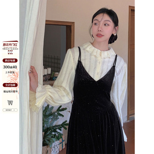 haze禾枝娃娃领镂空白色针织，毛衣长袖衬衫，2023冬喇叭袖