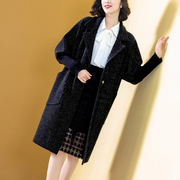 黑色大衣女冬外套加厚中长款2023年条纹显瘦气质复古韩版风衣
