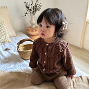 韩版秋装女童棉纱娃娃，领针织开衫上衣婴，幼童纯色百搭长袖毛衣外套