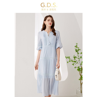 GDS澳洲度假风醋酸连衣裙系带高端奢华大牌法式复古蓝色轻奢长裙