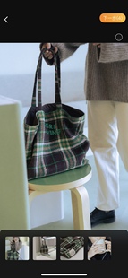 vm香草山绿格格，格子单肩包原创设计厚款帆布，毛呢大容量环保袋
