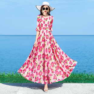 夏季连衣裙女2023粉红色印花雪纺大摆裙沙滩裙长款到脚裸长裙